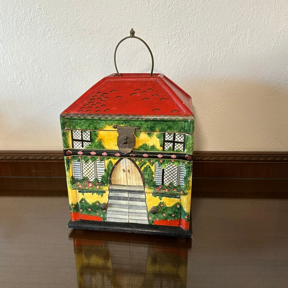 Vtg Foreside Hand Painted Wood Cottage Jewelry Box House 2 Drawer India